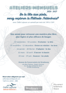 Flyer ateliers mensuels Feldenkrais 2026-2027 de la tête aux pieds