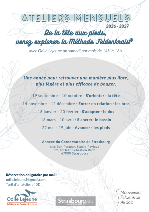 Flyer ateliers mensuels Feldenkrais 2026-2027 de la tête aux pieds